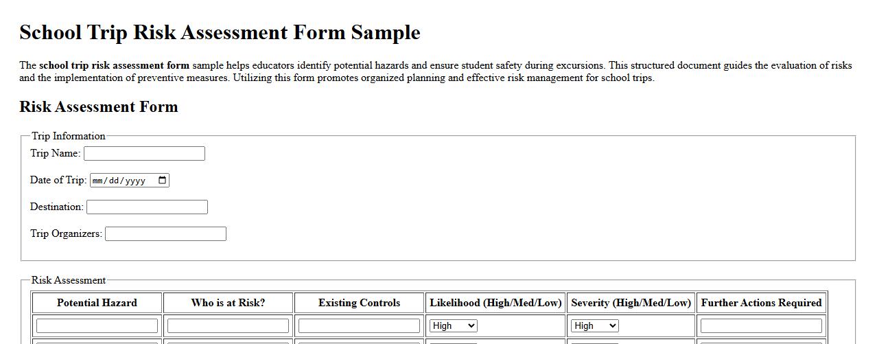 School trip risk assessment form sample image preview