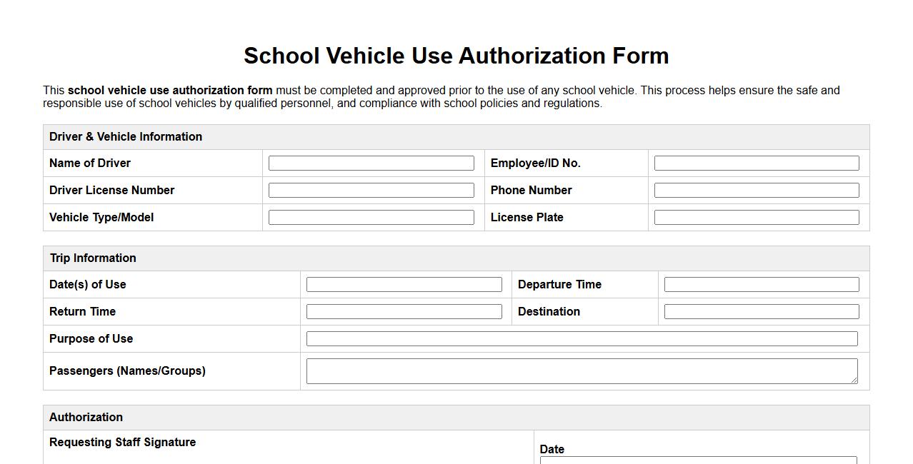 school vehicle use authorization form sample image preview