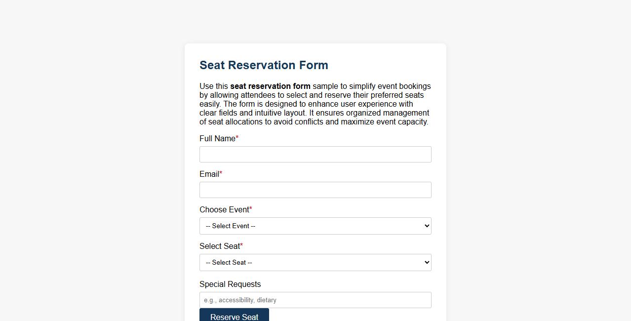 Seat reservation form sample for event booking image preview