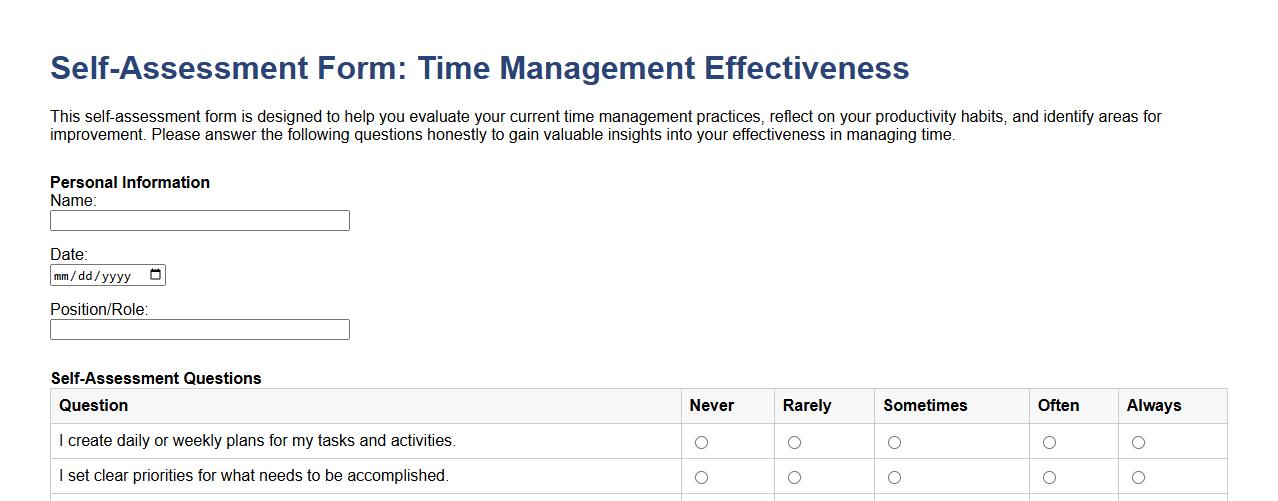 self-assessment form sample for time management effectiveness image preview
