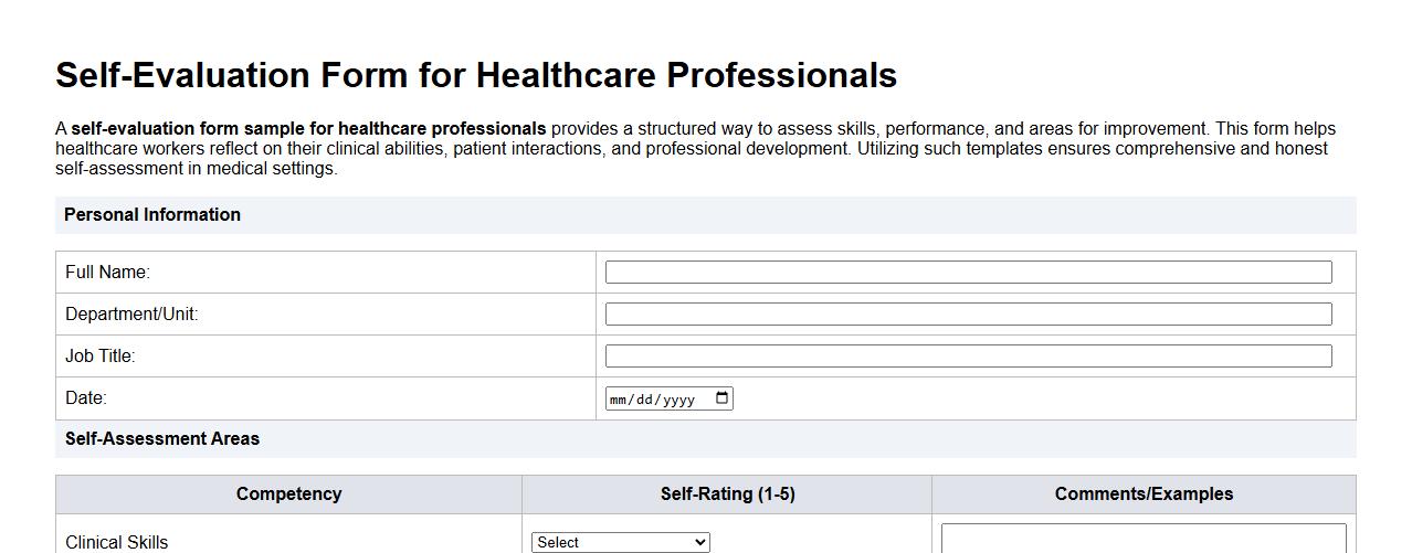 self-evaluation form sample for healthcare professionals image preview
