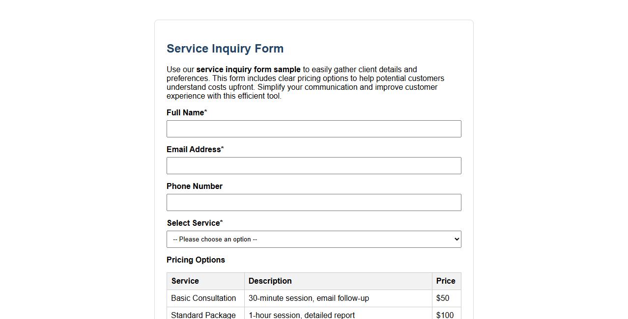 service inquiry form sample including pricing options image preview