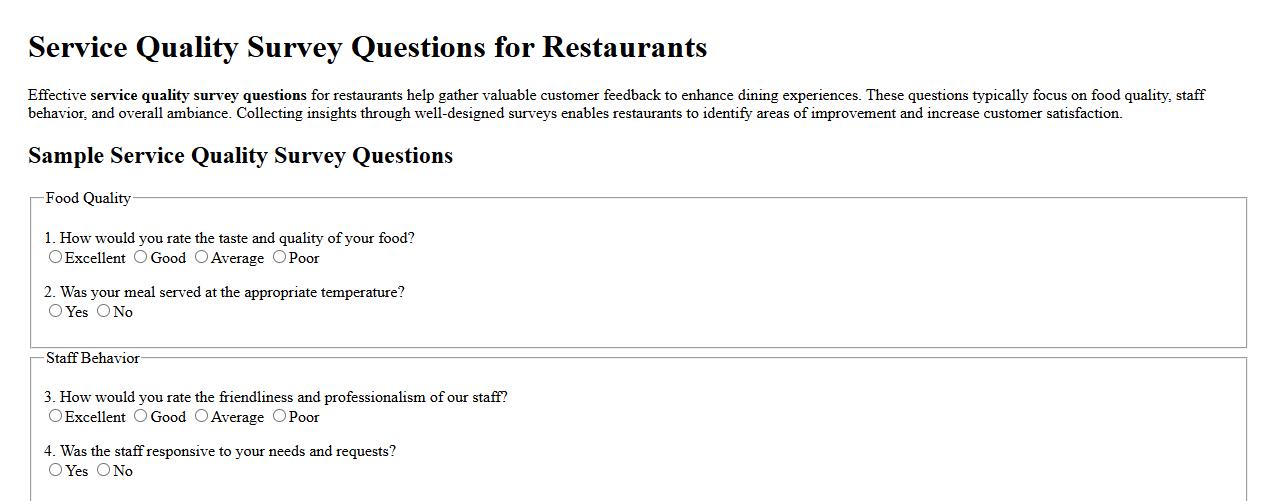 Service quality survey questions for restaurants image preview