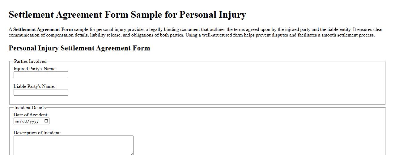 Settlement Agreement Form Sample for Personal Injury image preview