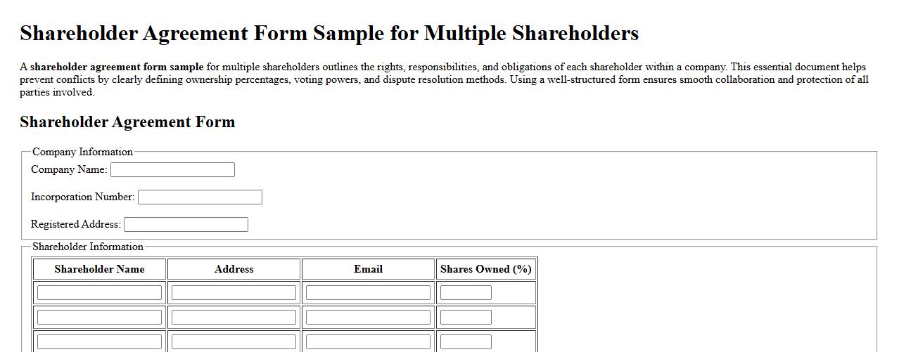 Shareholder agreement form sample for multiple shareholders image preview
