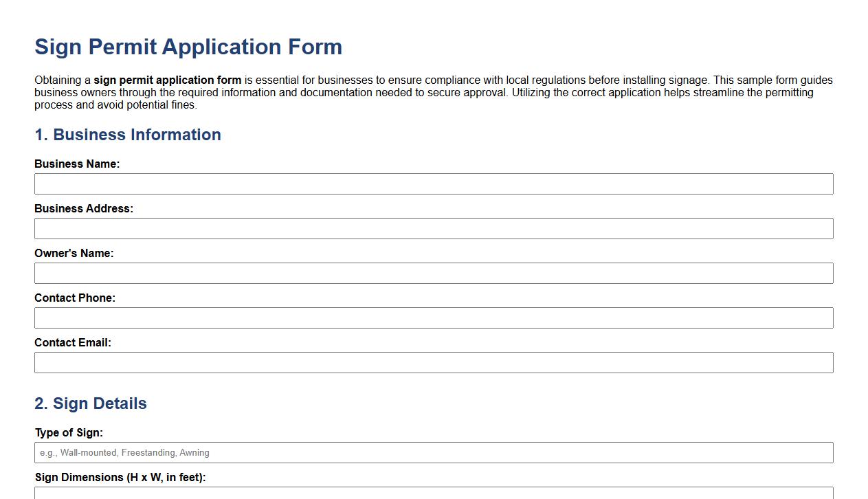 Sign permit application form sample for businesses image preview