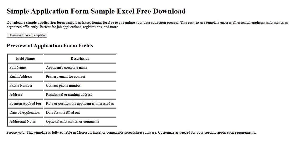 simple application form sample excel free download image preview