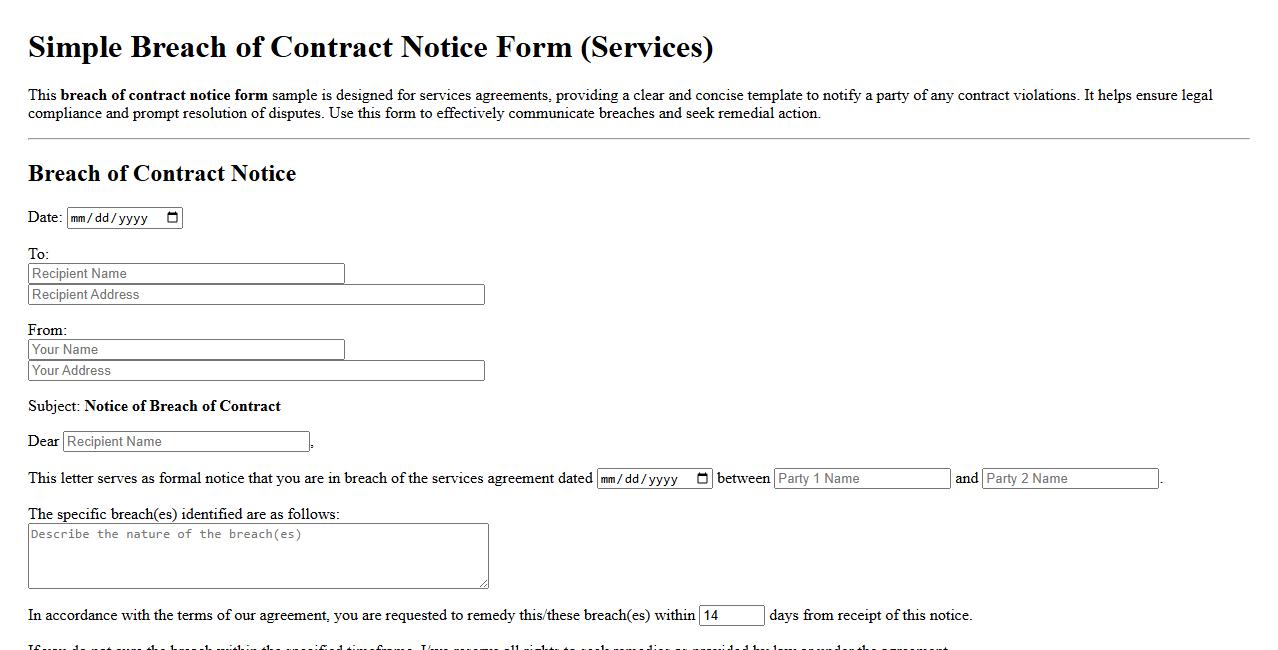 Simple breach of contract notice form sample for services image preview