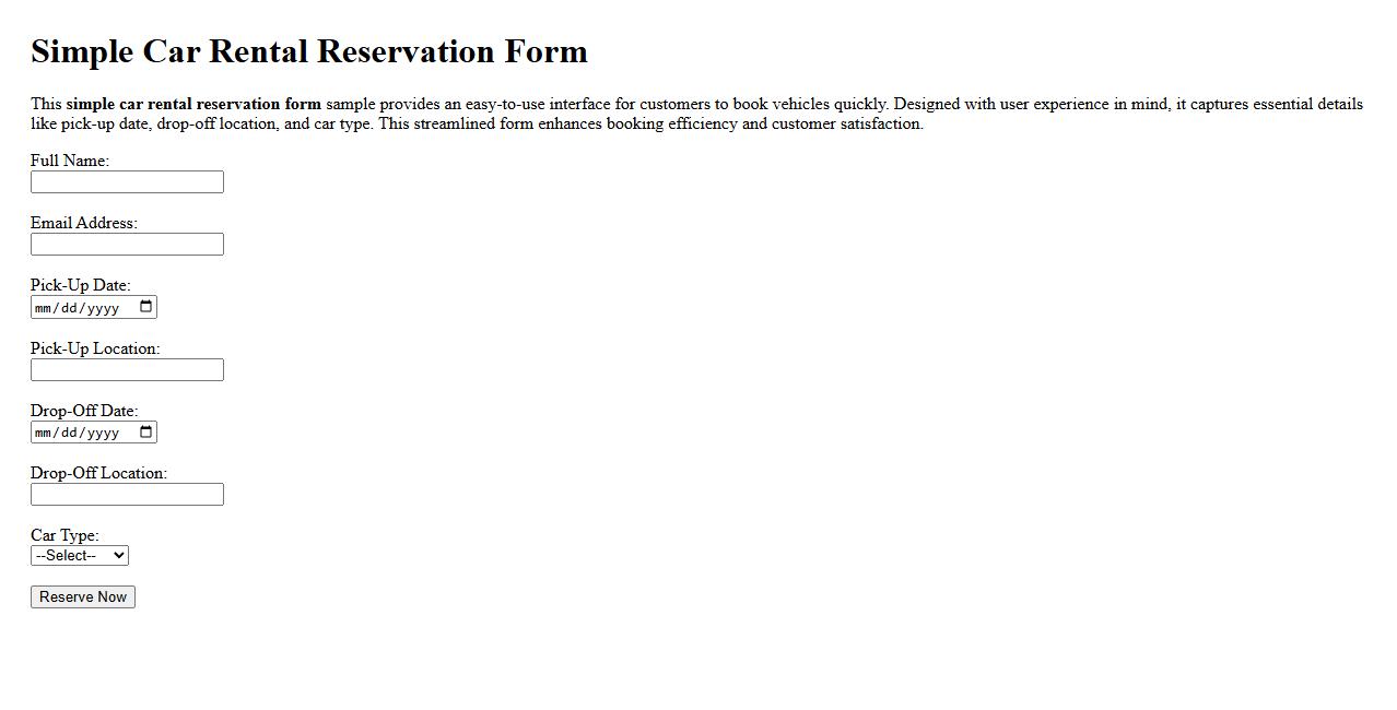 simple car rental reservation form sample image preview