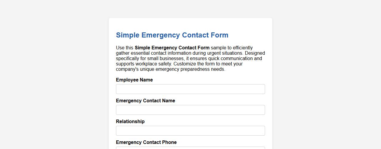 Simple Emergency Contact Form Sample for Small Business image preview