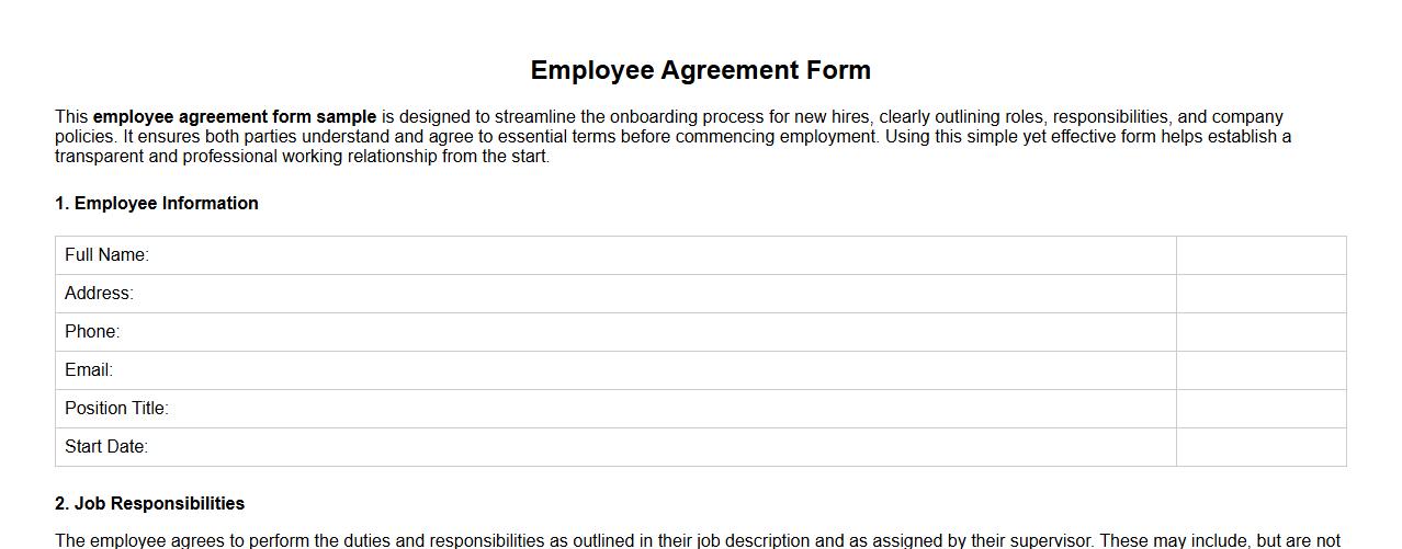 simple employee agreement form sample for new hires image preview