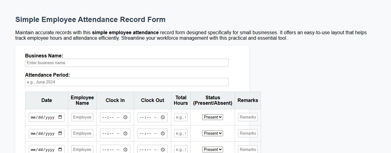 Simple employee attendance record form sample for small business image preview