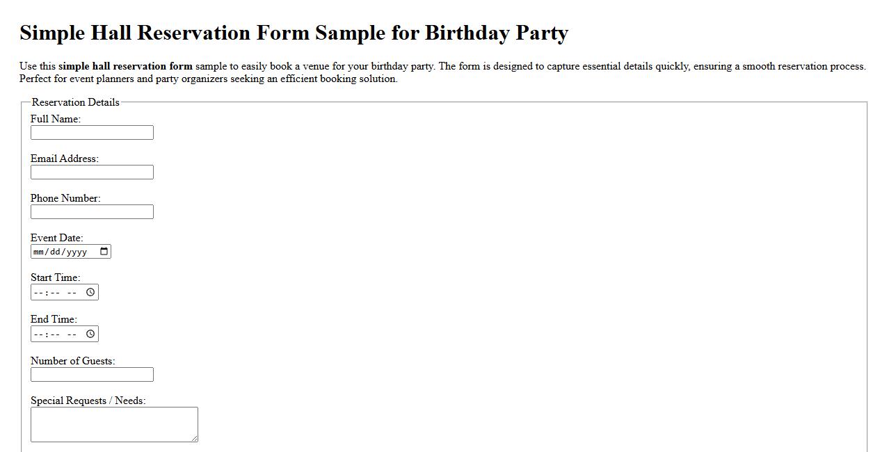 Simple hall reservation form sample for birthday party image preview