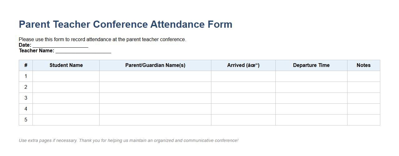 simple parent teacher conference attendance form sample image preview