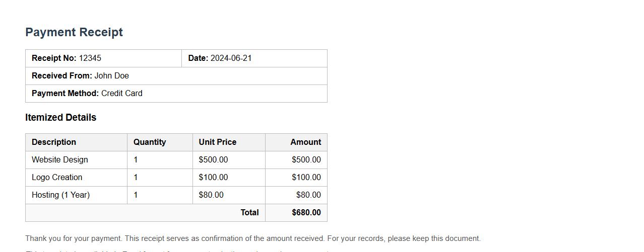 simple payment receipt excel template with itemized details image preview