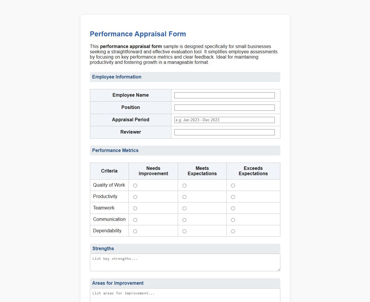 simple performance appraisal form sample for small business image preview