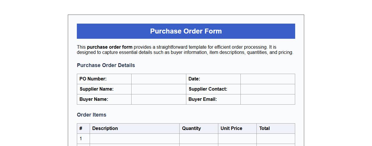 Simple purchase order form sample PDF image preview