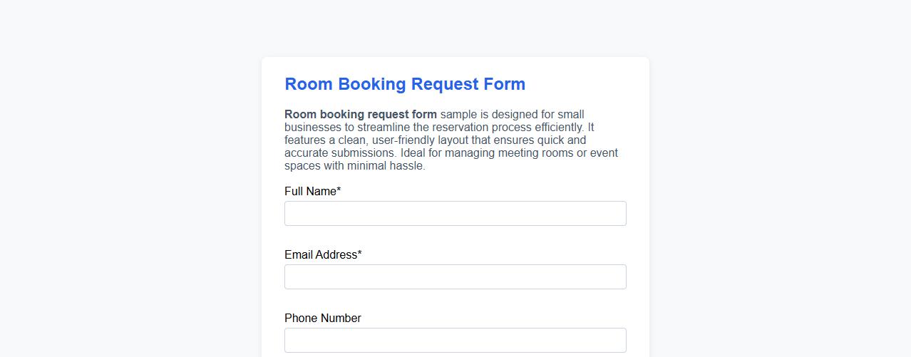 Simple room booking request form sample for small businesses image preview