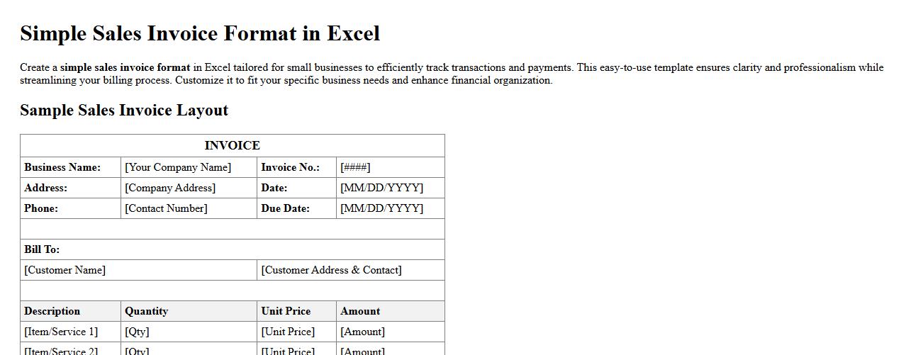 simple sales invoice format in excel for small business image preview