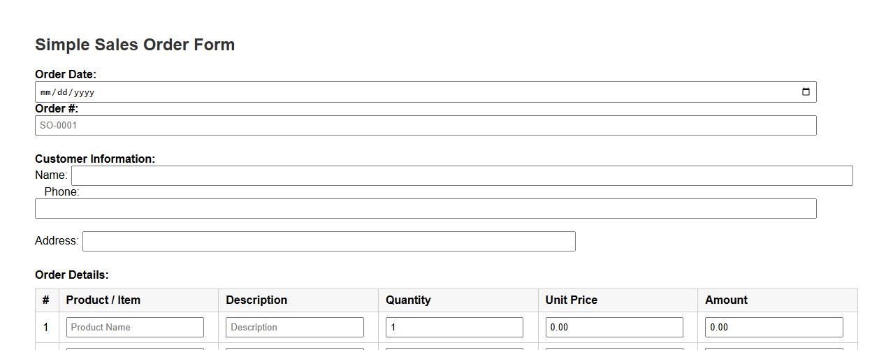 simple sales order form sample with itemized list image preview