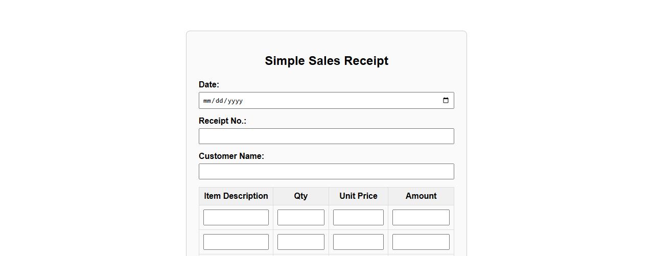 Simple sales receipt form sample for retail store image preview