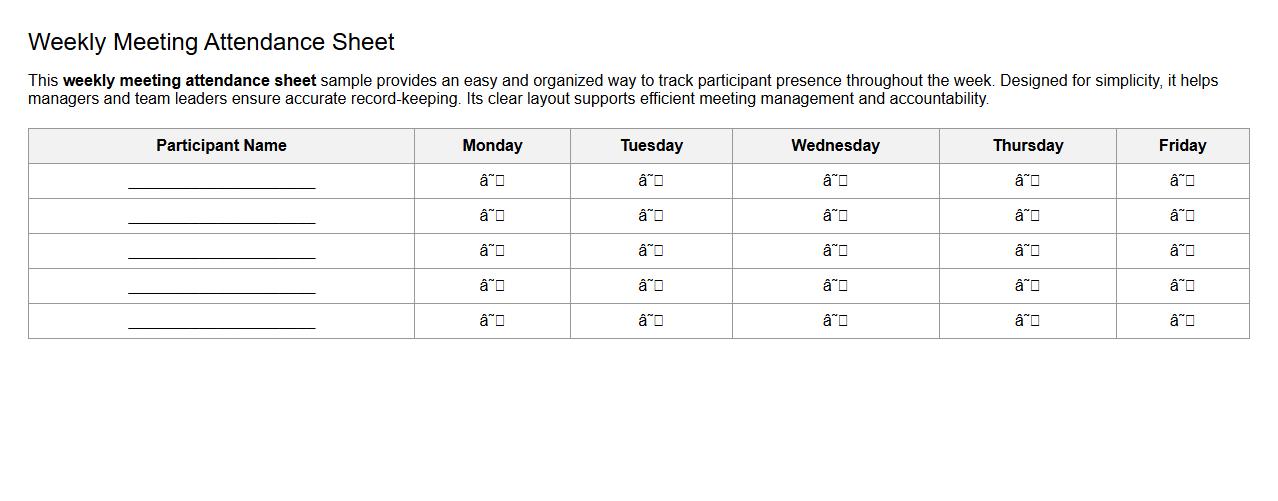 simple weekly meeting attendance sheet sample image preview