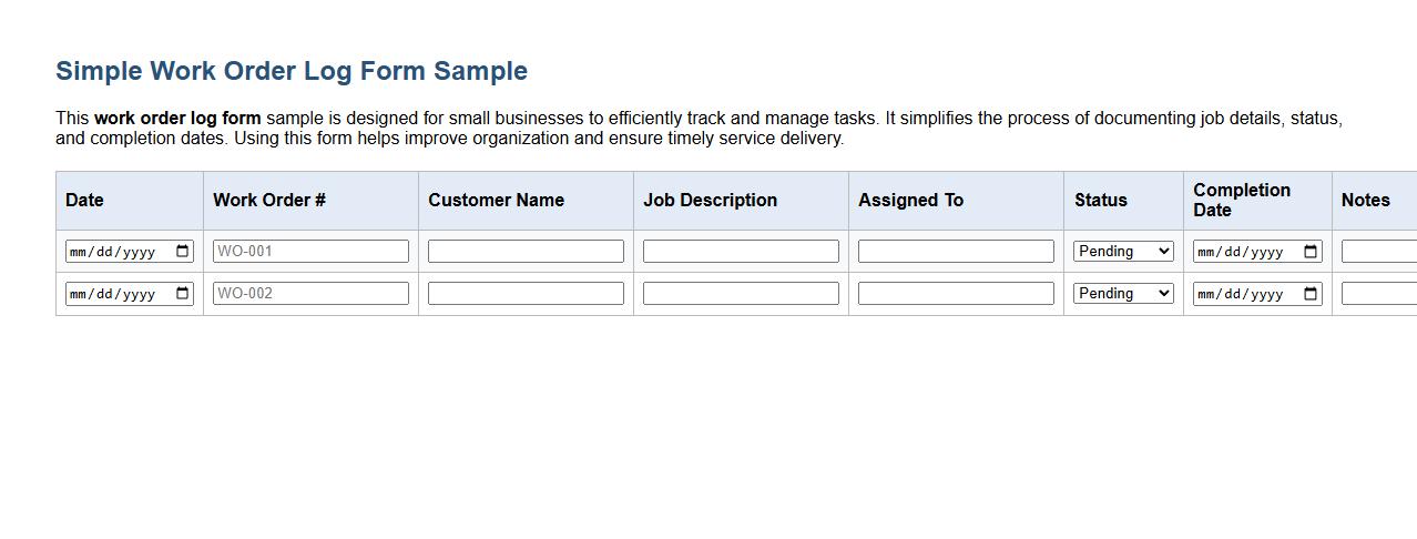 simple work order log form sample for small business image preview