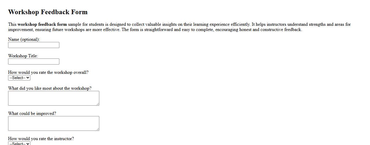 Simple workshop feedback form sample for students image preview