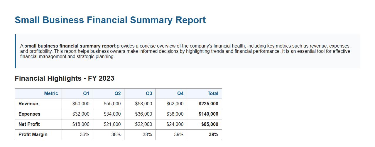 small business financial summary report image preview
