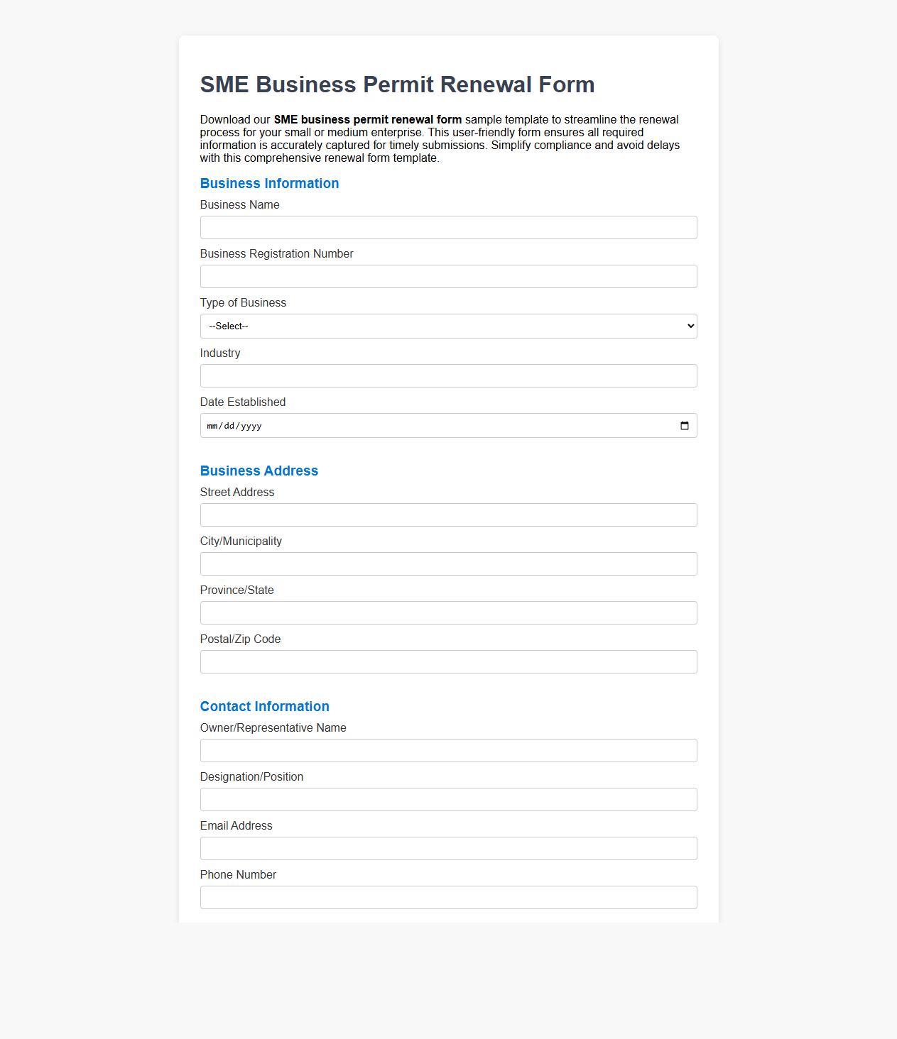 SME business permit renewal form sample template image preview