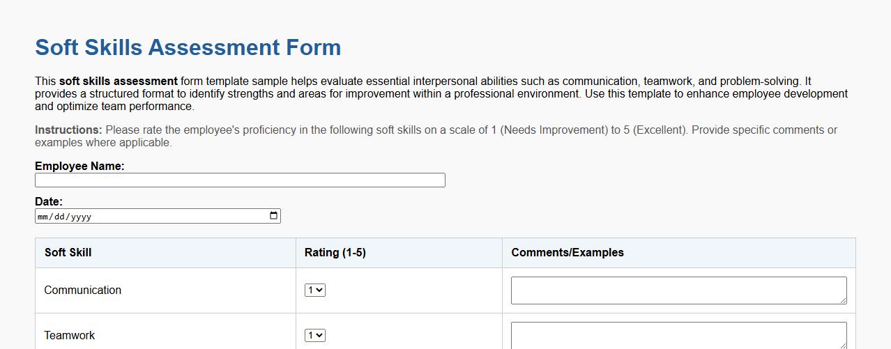 soft skills assessment form template sample image preview
