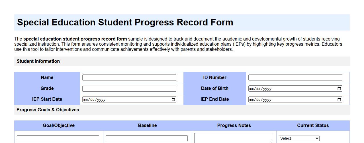 Special education student progress record form sample image preview