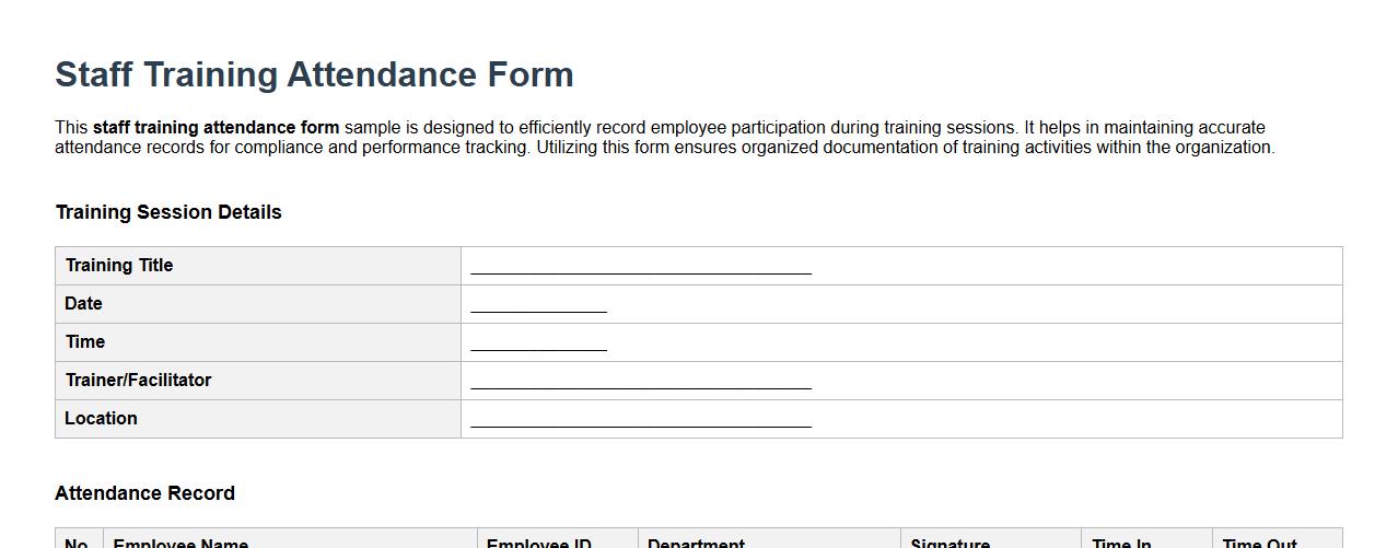 Staff training attendance form sample image preview