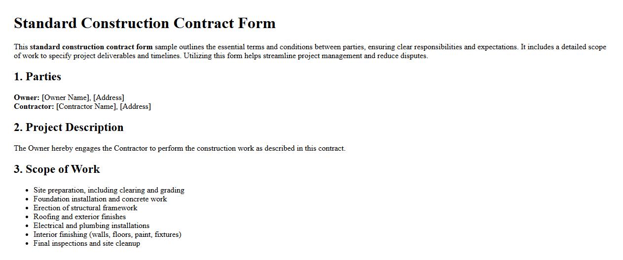 Standard construction contract form sample with scope of work image preview