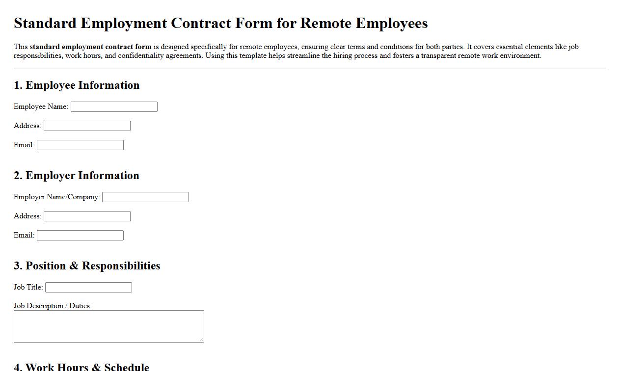 Standard employment contract form sample for remote employees image preview