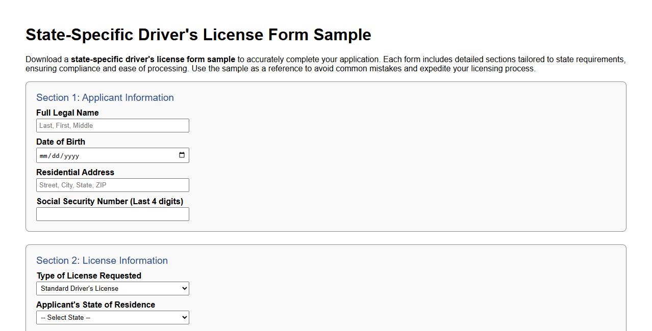 state-specific driver's license form sample image preview