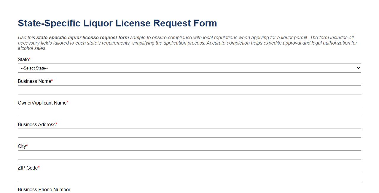 State-specific liquor license request form sample image preview
