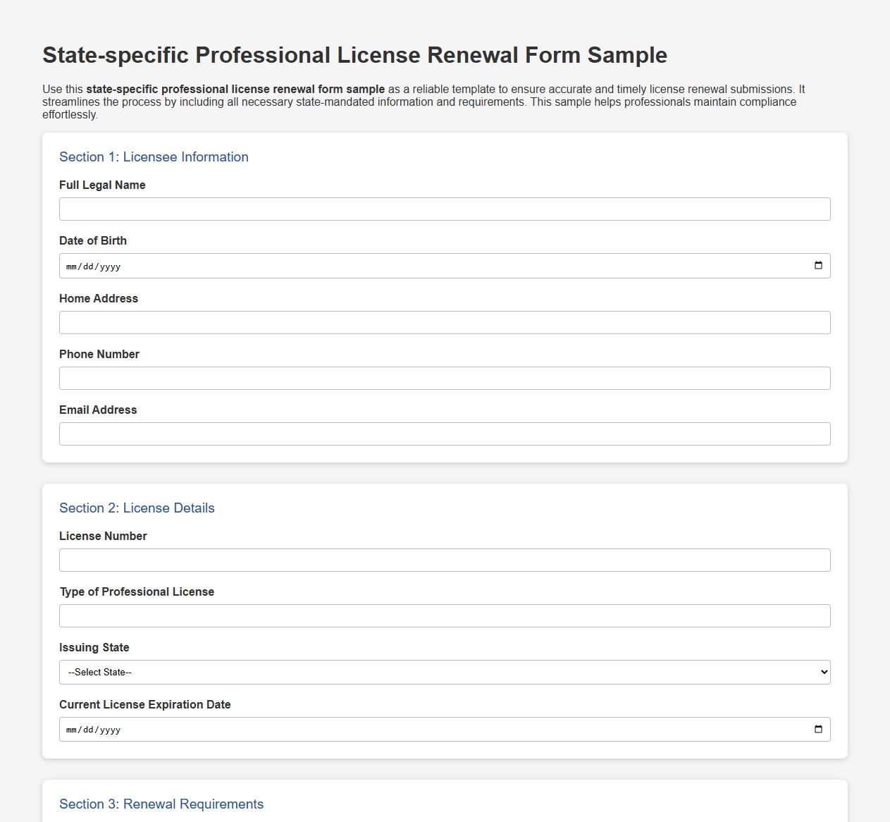 State-specific professional license renewal form sample image preview