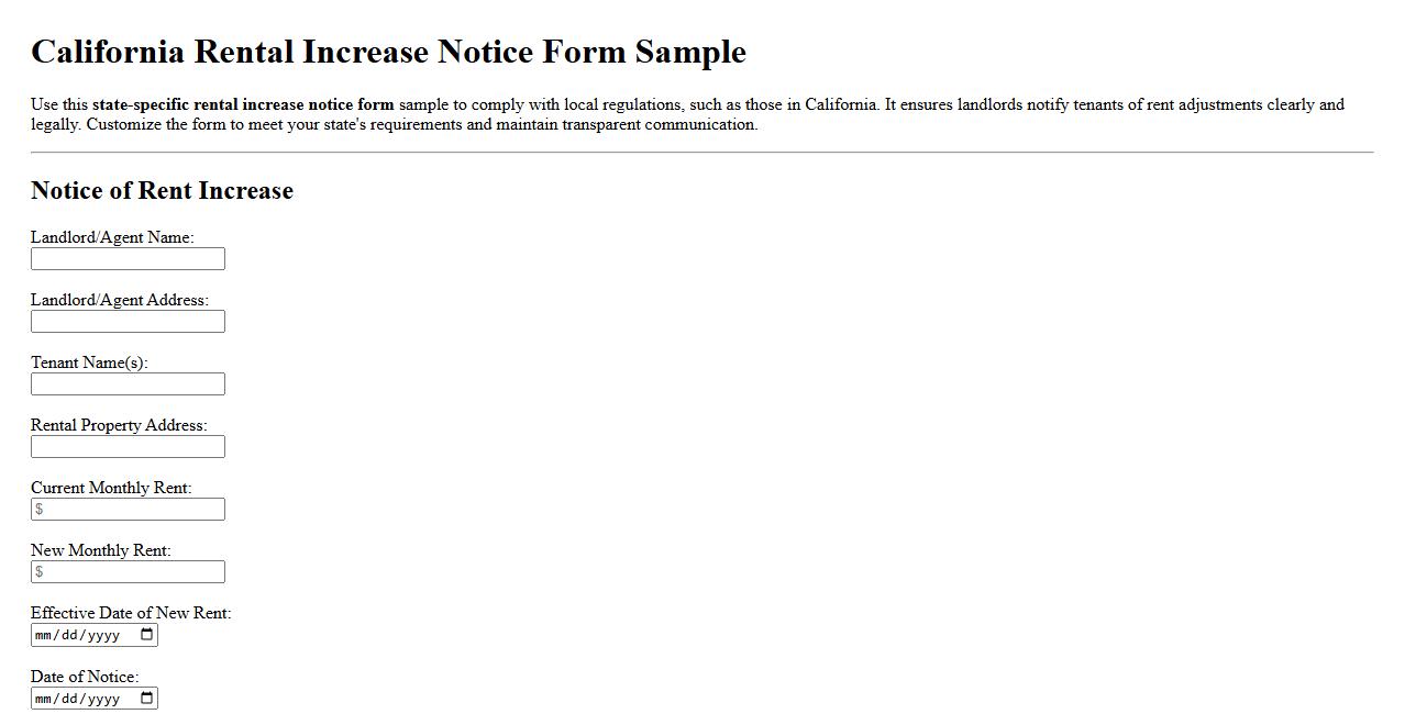 State-specific rental increase notice form sample (e.g., California) image preview