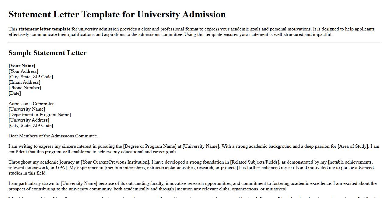 Statement letter template for university admission image preview
