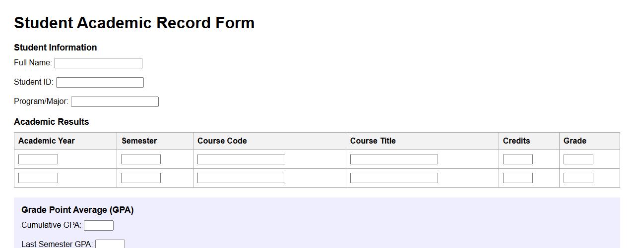 Student academic record form sample with GPA section image preview