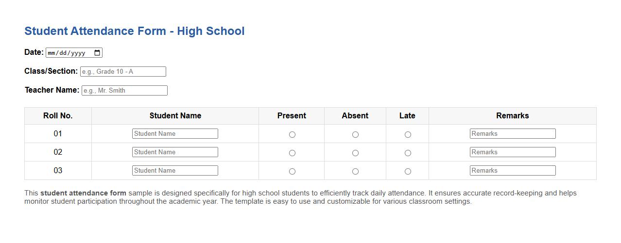 Student attendance form sample for high school students image preview