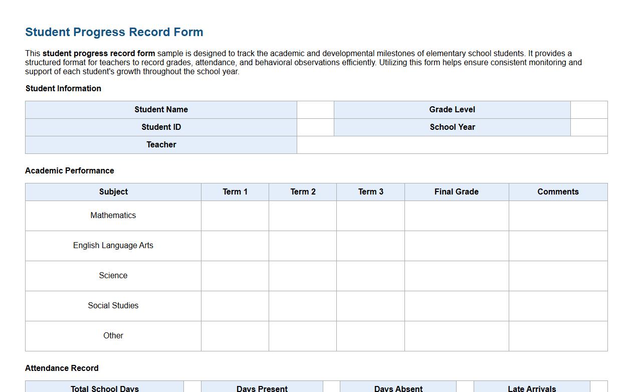 Student progress record form sample for elementary school image preview