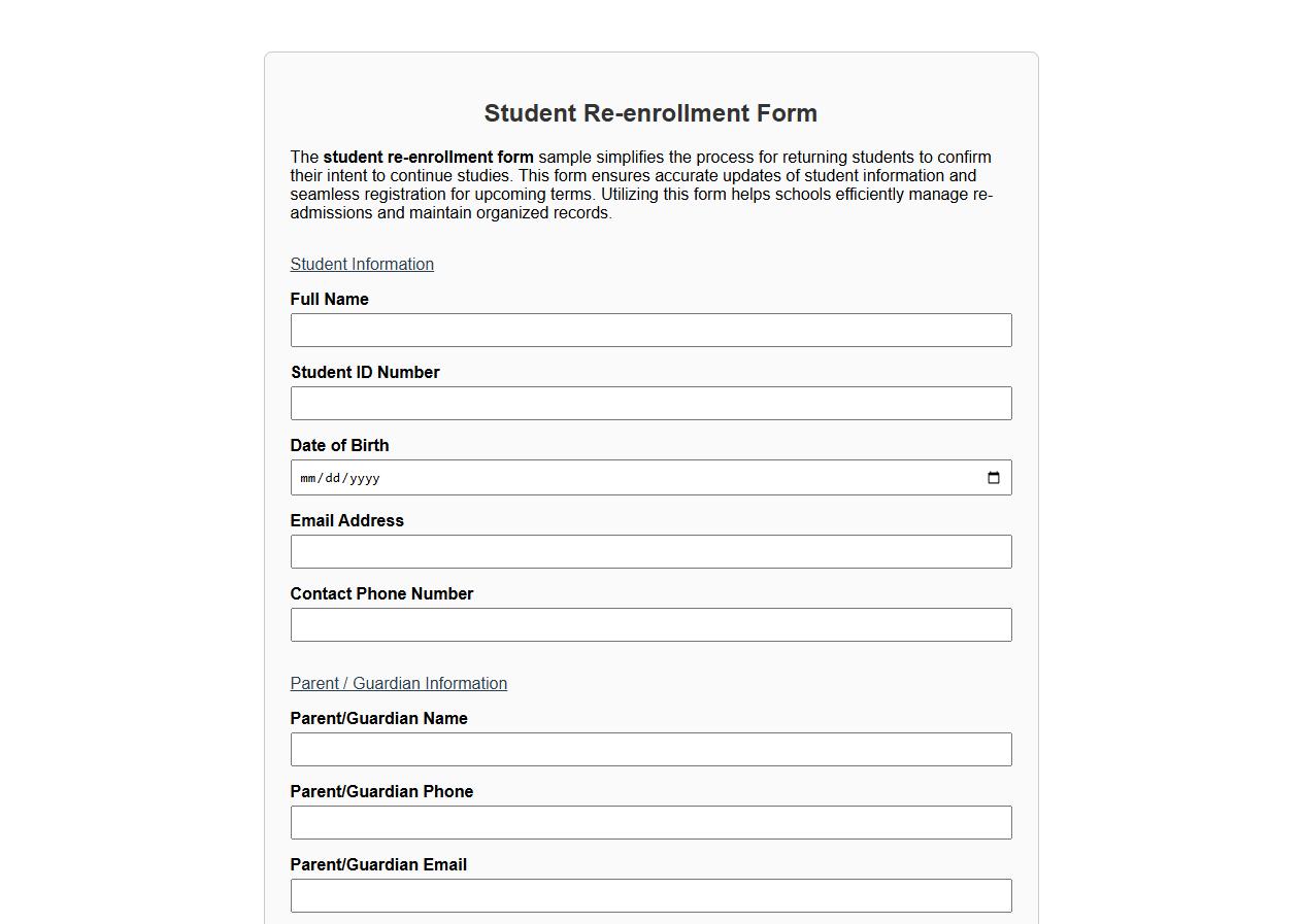 Student re-enrollment form sample for returning students image preview