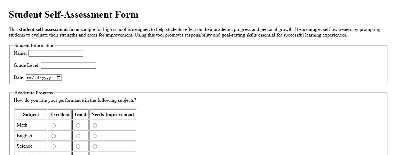 Student self-assessment form sample for high school image preview