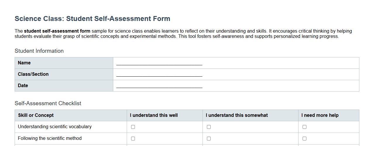 student self-assessment form sample for science class image preview