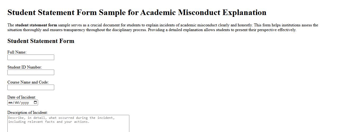 Student statement form sample for academic misconduct explanation image preview