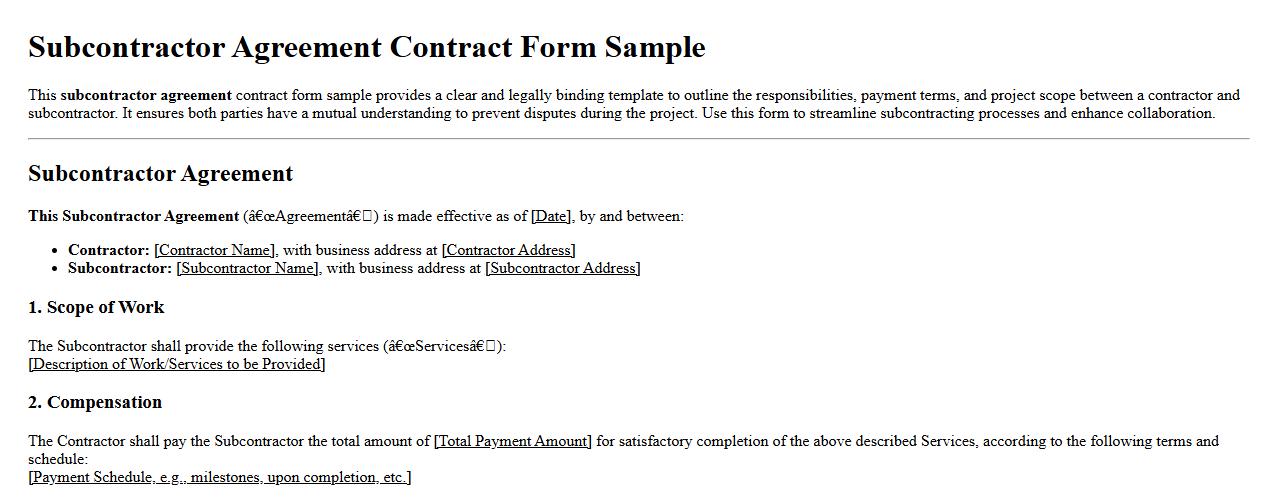 Subcontractor agreement contract form sample image preview