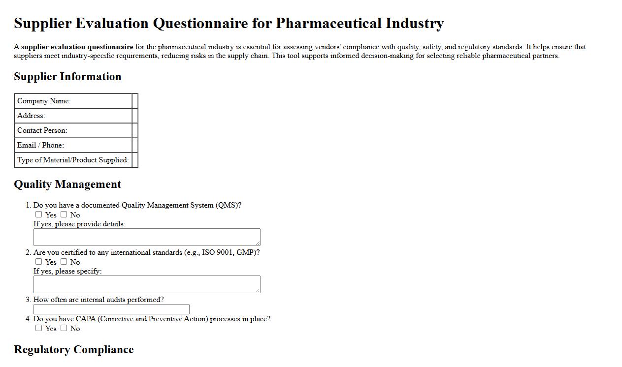 Supplier evaluation questionnaire for pharmaceutical industry image preview