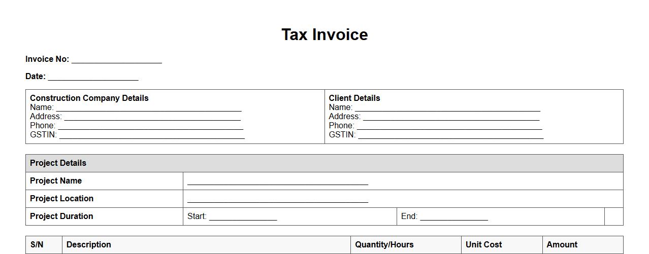 Tax invoice form sample for construction companies image preview